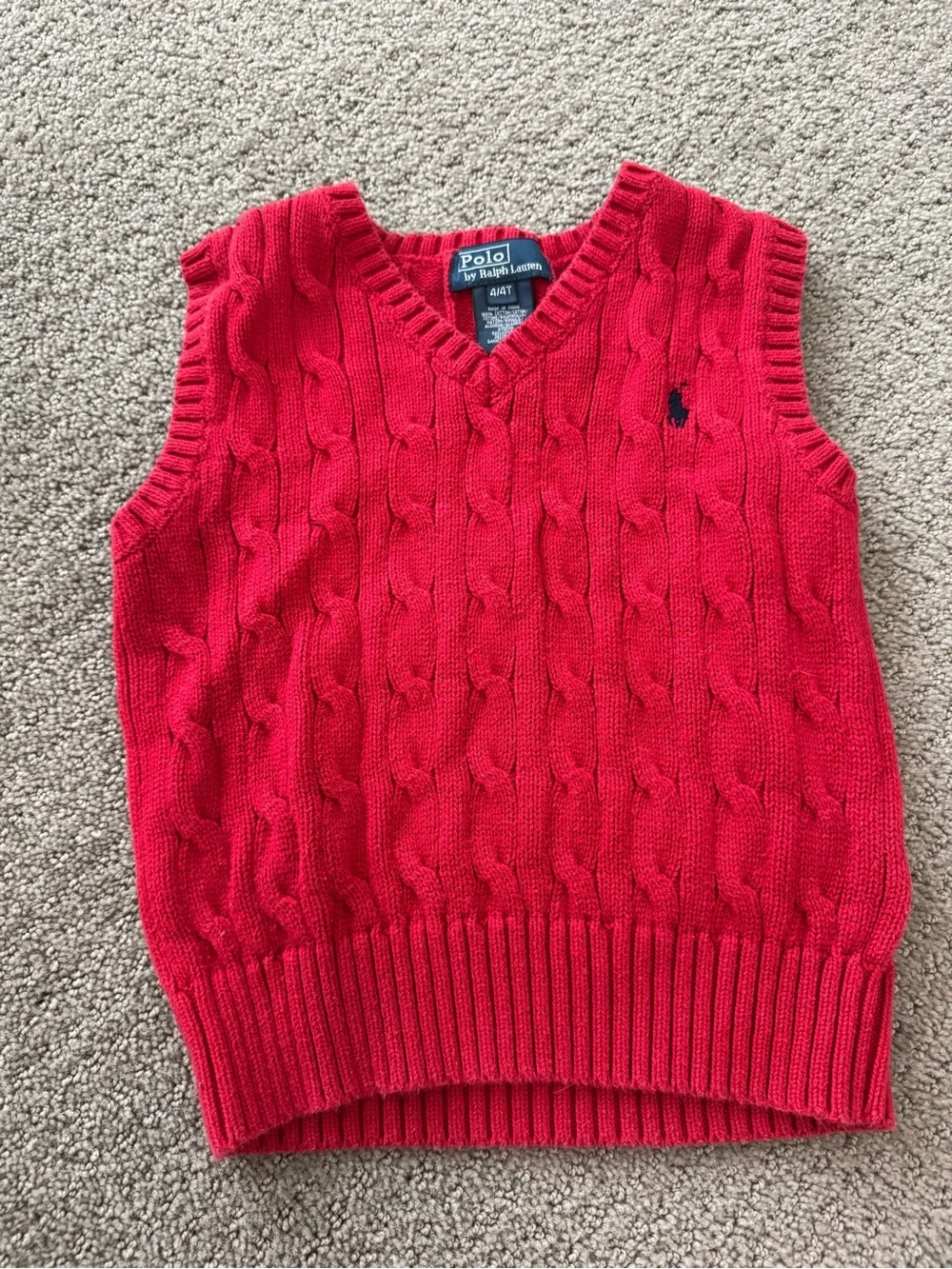 Kids 4T Polo by Ralph Lauren Red Cable-Knit V-Neck Sweater Vest with Navy Pony